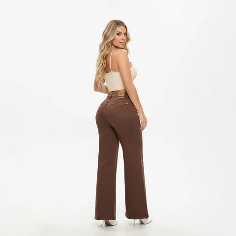 Wide Leg Café / Chocolate Elasticado Tiro Alto Con Push-up 
