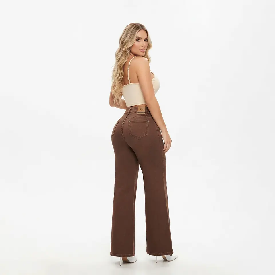 Wide Leg Café / Chocolate Elasticado Tiro Alto Con Push-up  2
