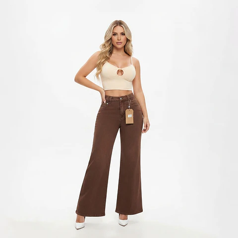 Wide Leg Café / Chocolate Elasticado Tiro Alto Con Push-up 