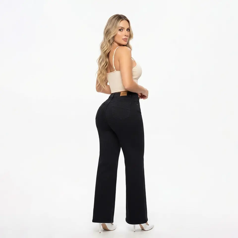 Wide Leg Palazo Negro Solido Elasticado Tiro Alto Con Push-up 2