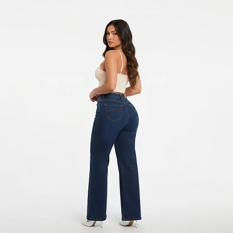 Wide Leg Palazo Azul Marino Tiro Alto Elasticado Push-Up