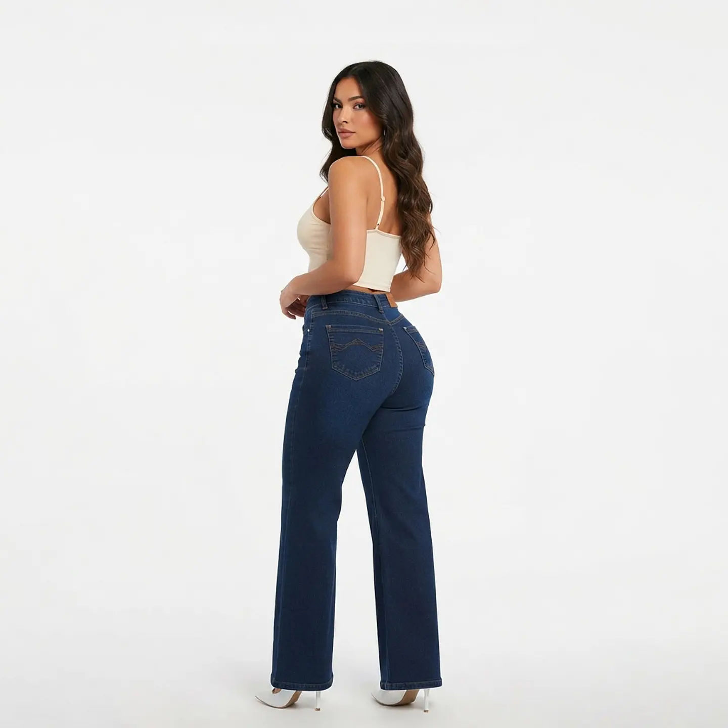 Wide Leg Palazo Azul Marino Tiro Alto Elasticado Push-Up 2