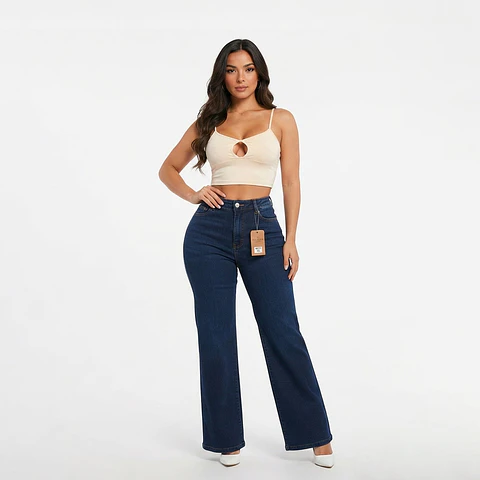 Wide Leg Palazo Azul Marino Tiro Alto Elasticado Push-Up