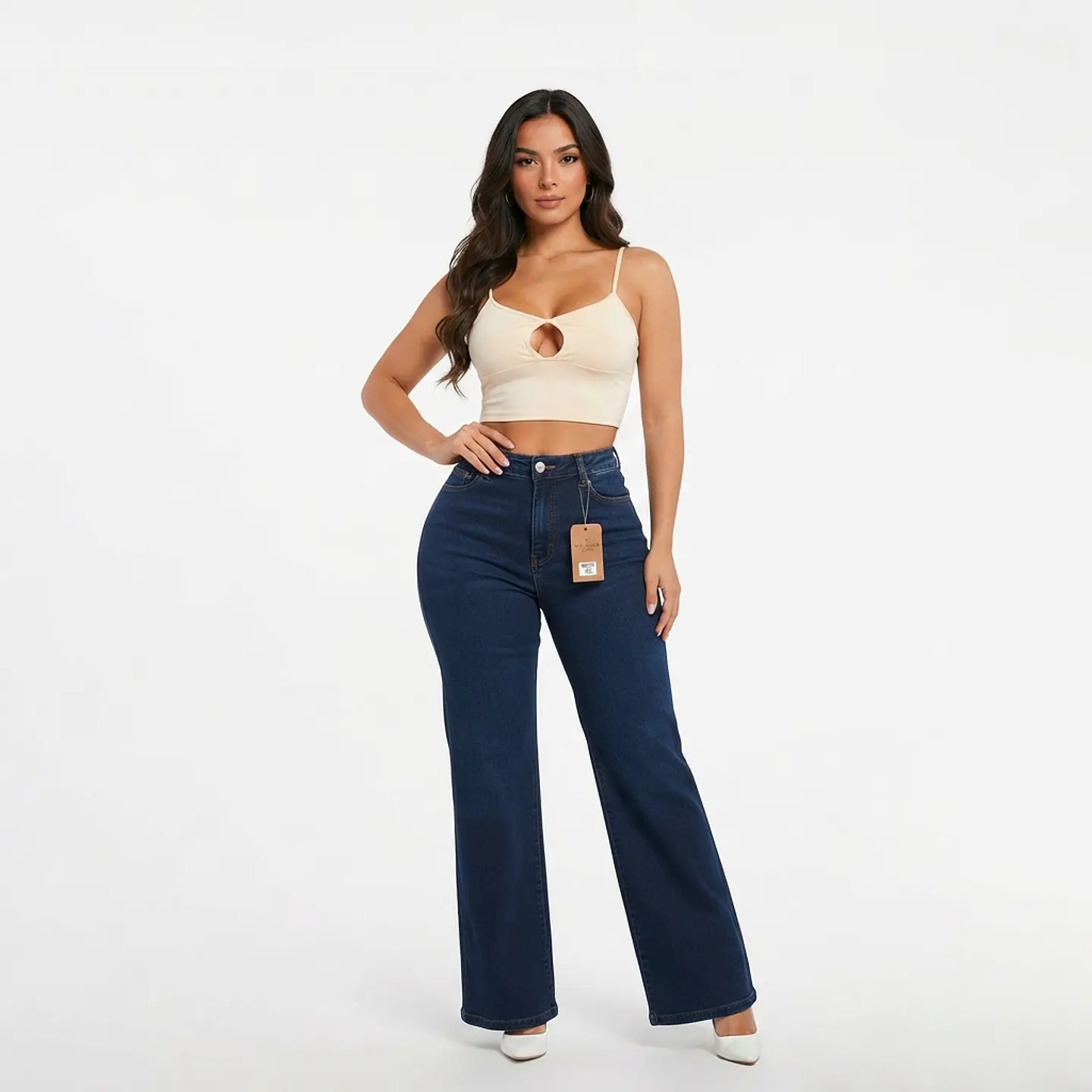 Wide Leg Palazo Azul Marino Tiro Alto Elasticado Push-Up 1