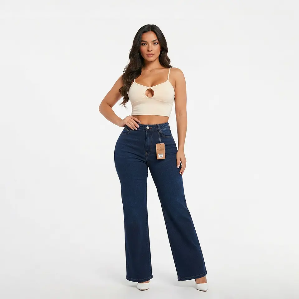 Wide Leg Palazo Azul Marino Tiro Alto Elasticado Push-Up 1