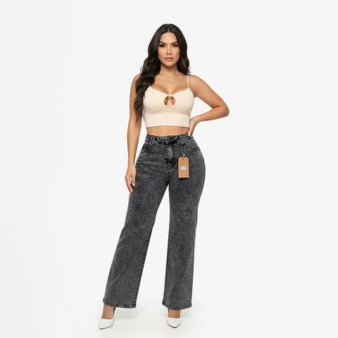 Wide Leg Grafito Acid Wash Tiro Alto Elasticado Push-Up