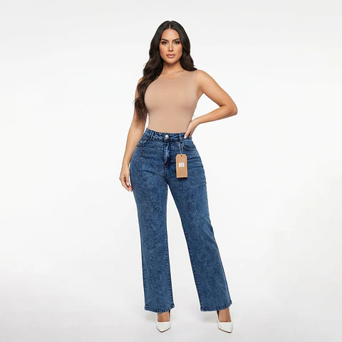 Wide Leg Azul Mar Acid Wash Tiro Alto Elasticado con Push-Up