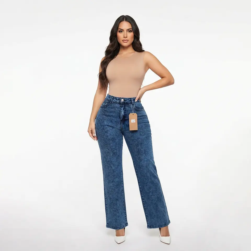 Wide Leg Azul Mar Acid Wash Tiro Alto Elasticado con Push-Up 1