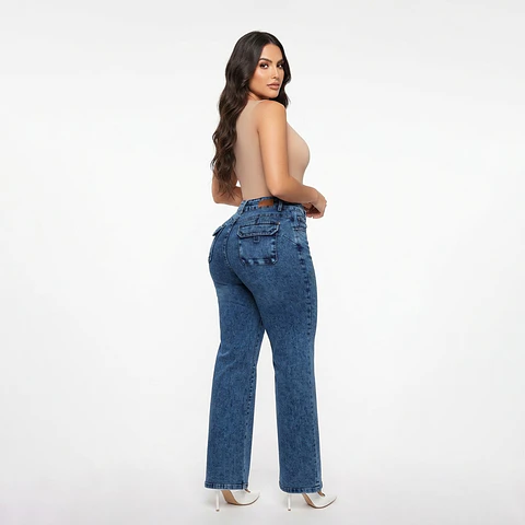 Wide Leg Azul Mar Acid Wash Tiro Alto Elasticado con Push-Up