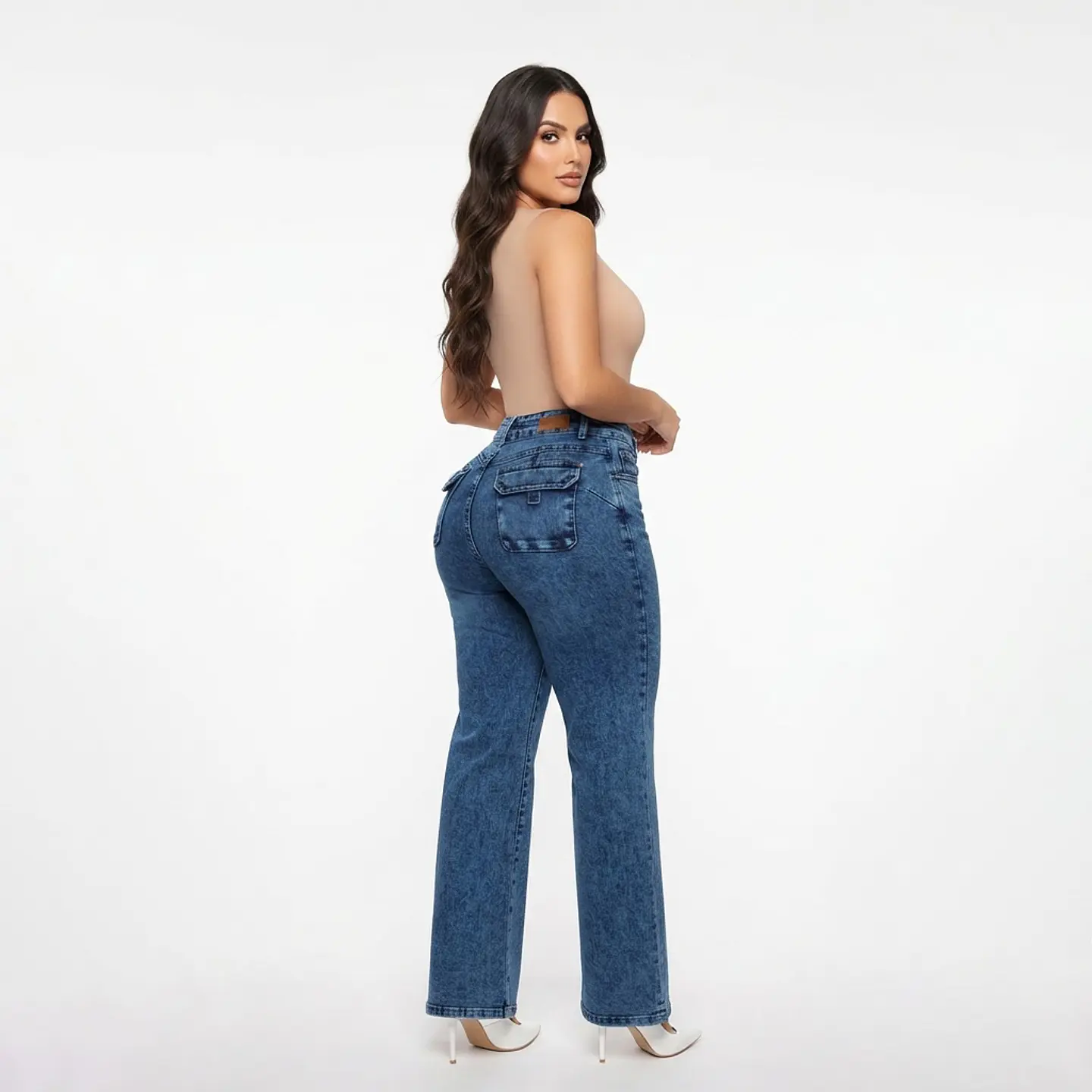 Wide Leg Azul Mar Acid Wash Tiro Alto Elasticado con Push-Up 2