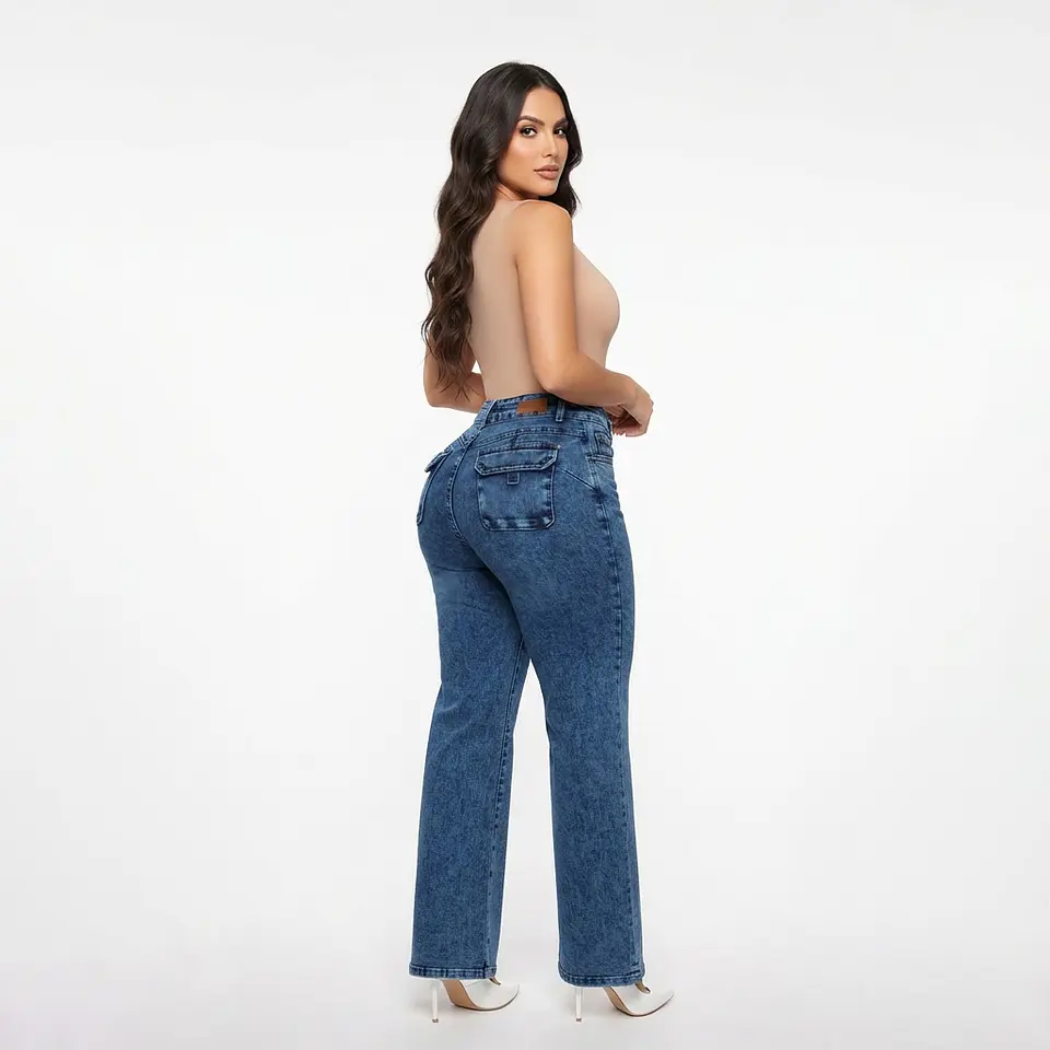 Wide Leg Azul Mar Acid Wash Tiro Alto Elasticado con Push-Up 2