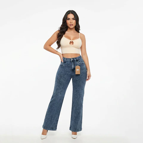 Wide Leg Azul Opaco Acid Wash Tiro Alto Elasticado con Push-Up