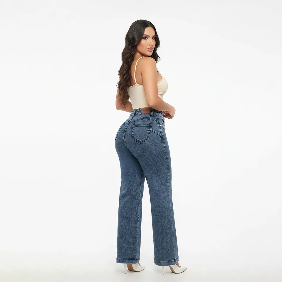 Wide Leg Azul Opaco Acid Wash Tiro Alto Elasticado con Push-Up 2