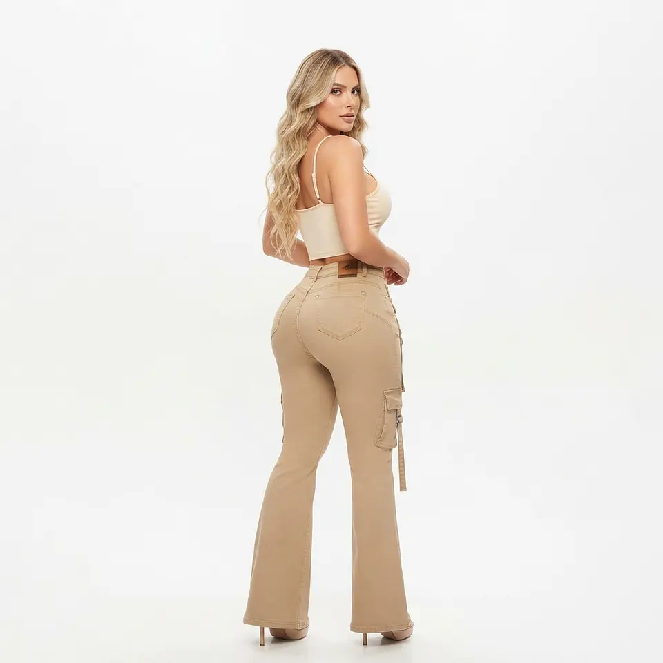 Cargo Flare Camel / Kaki Tiro Alto Elasticado con Push-Up 2