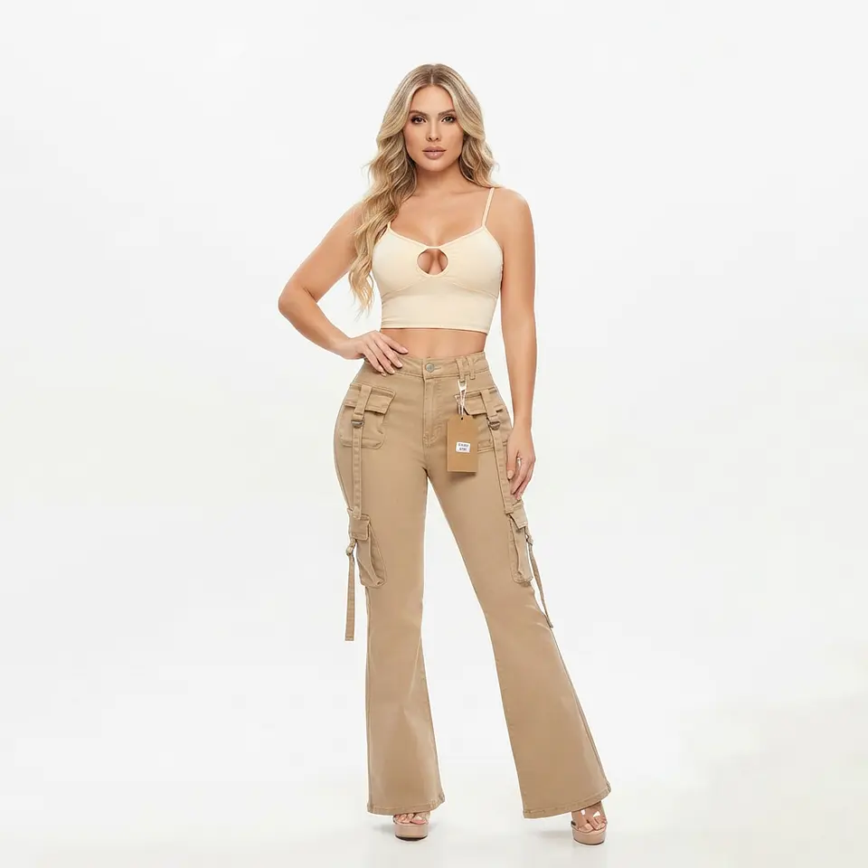 Cargo Flare Camel / Kaki Tiro Alto Elasticado con Push-Up 1