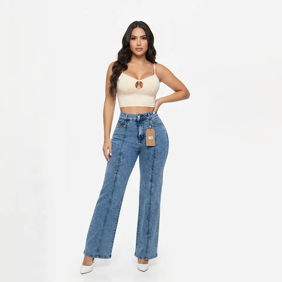 Wide Leg Azul Acid Wash Costuras Tiro Alto Elasticado con Push-Up 1