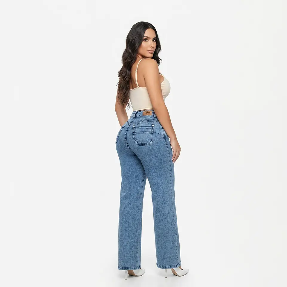 Wide Leg Azul Acid Wash Costuras Tiro Alto Elasticado con Push-Up 2