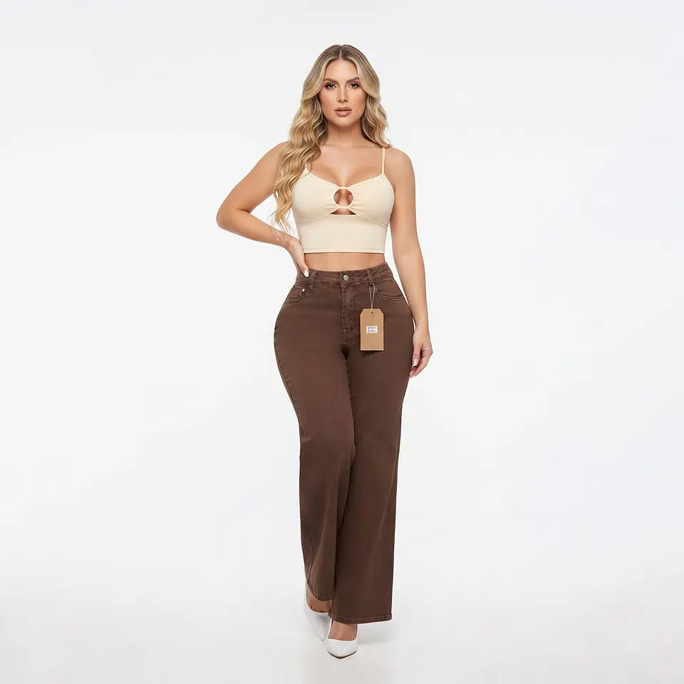 Wide Leg Café / Chocolate Bolsillos Cartera Tiro Alto Elasticado con Push-Up 1