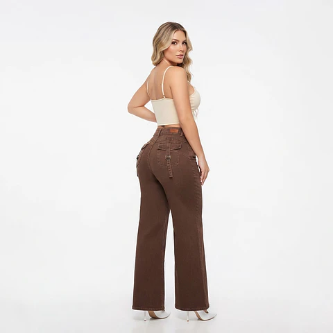 Wide Leg Café / Chocolate Bolsillos Cartera Tiro Alto Elasticado con Push-Up