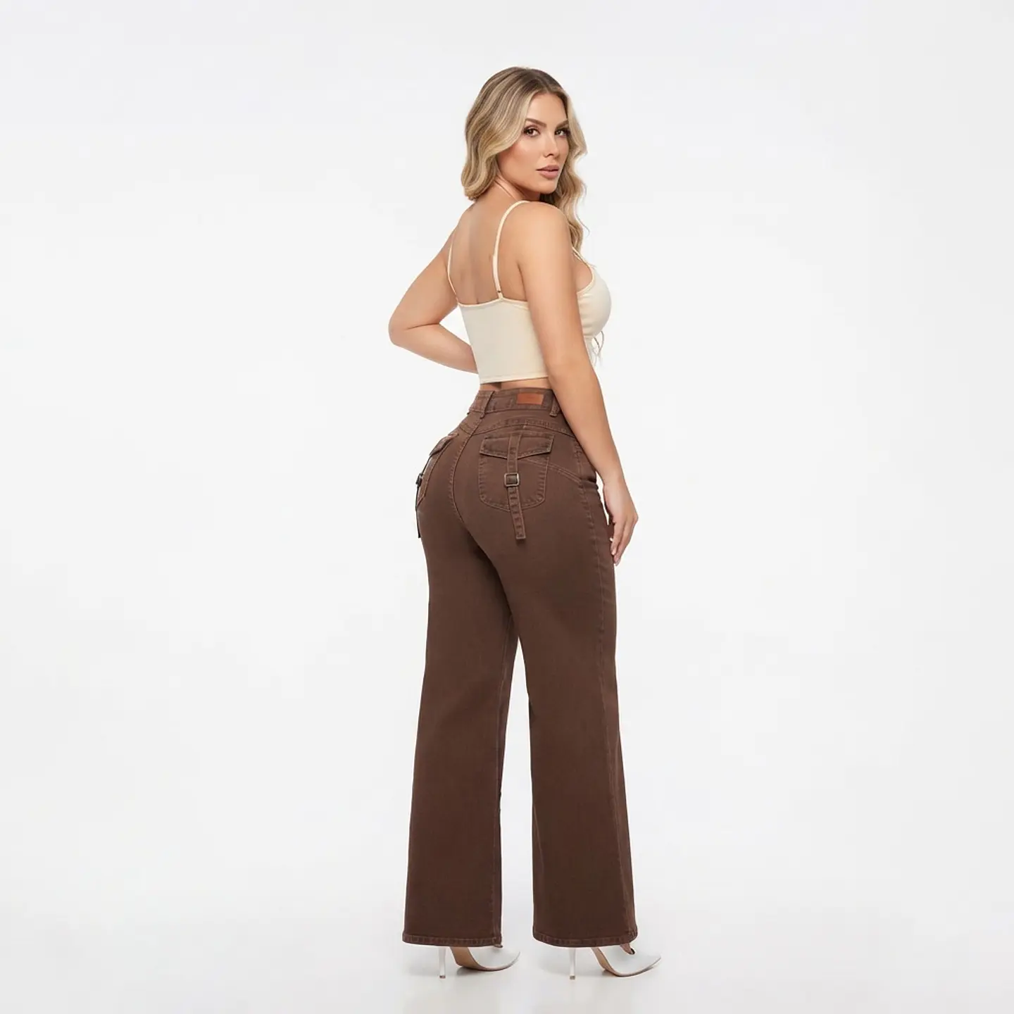 Wide Leg Café / Chocolate Bolsillos Cartera Tiro Alto Elasticado con Push-Up 2