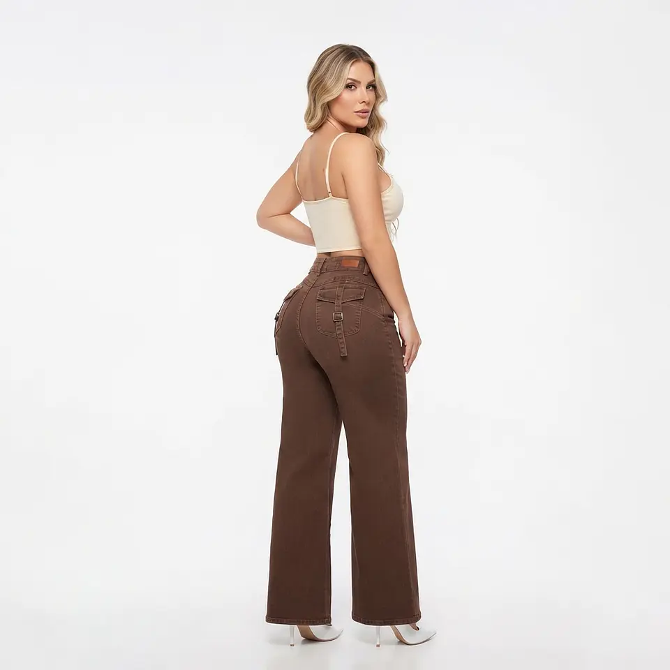 Wide Leg Café / Chocolate Bolsillos Cartera Tiro Alto Elasticado con Push-Up 2