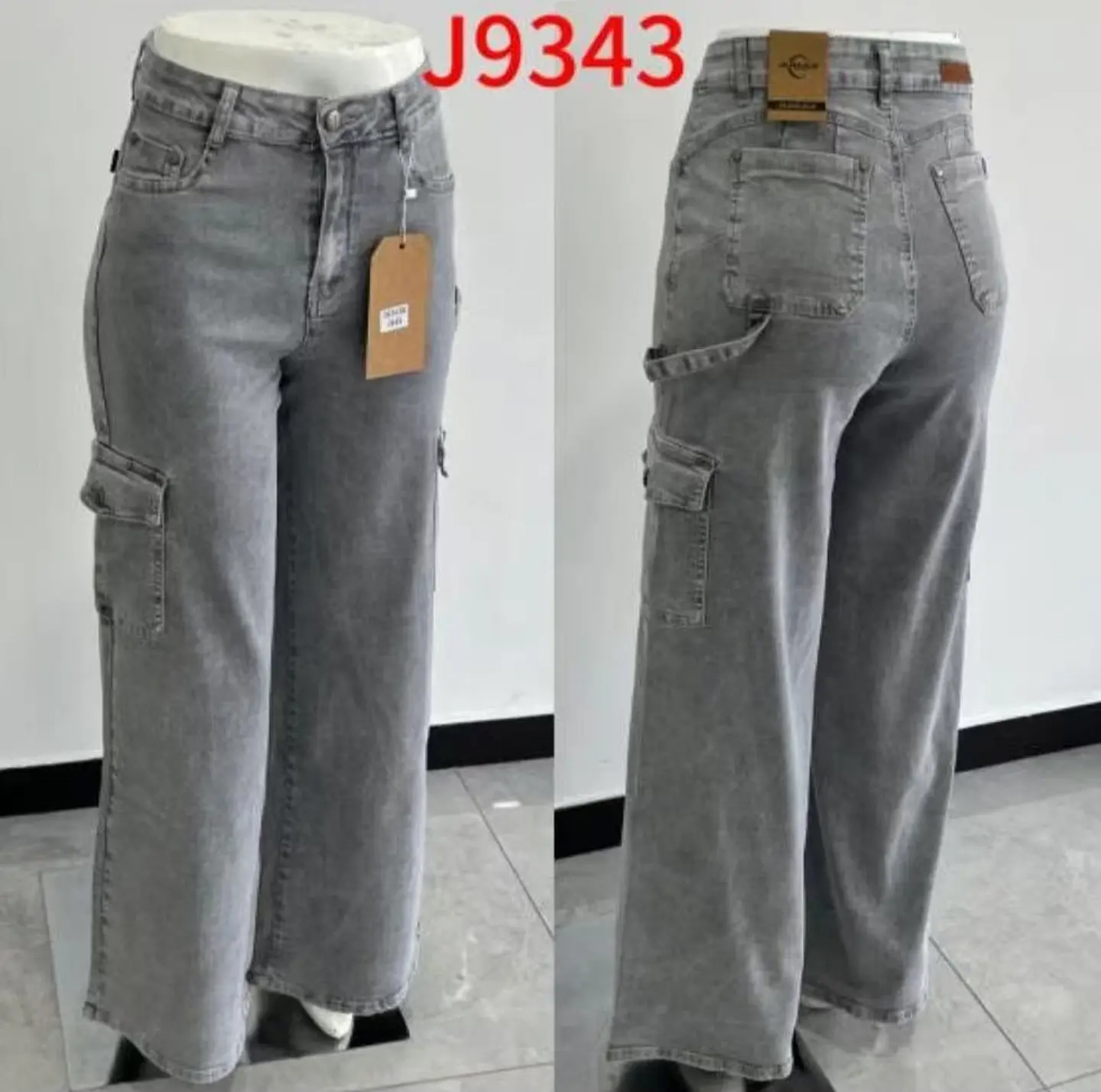 Wide Leg Palazo Cargo Gris Clásico Tiro Alto Elasticado con Push-Up 3