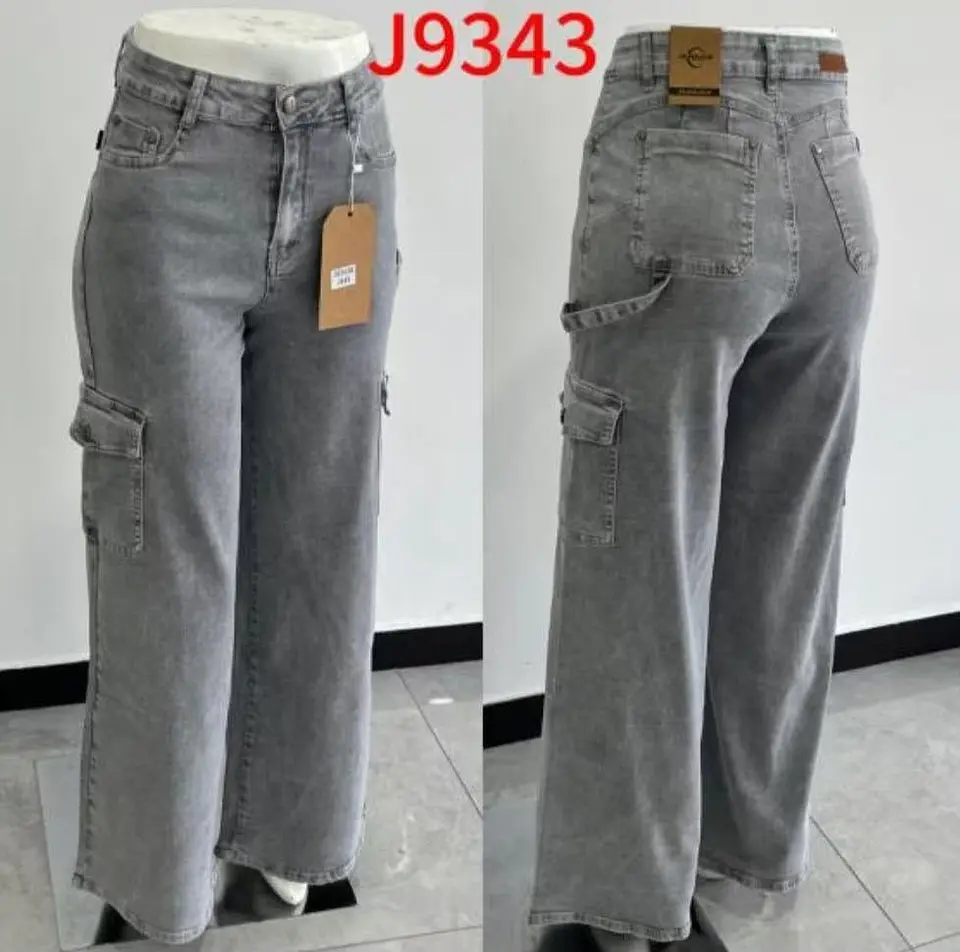 Wide Leg Palazo Cargo Gris Clásico Tiro Alto Elasticado con Push-Up 3