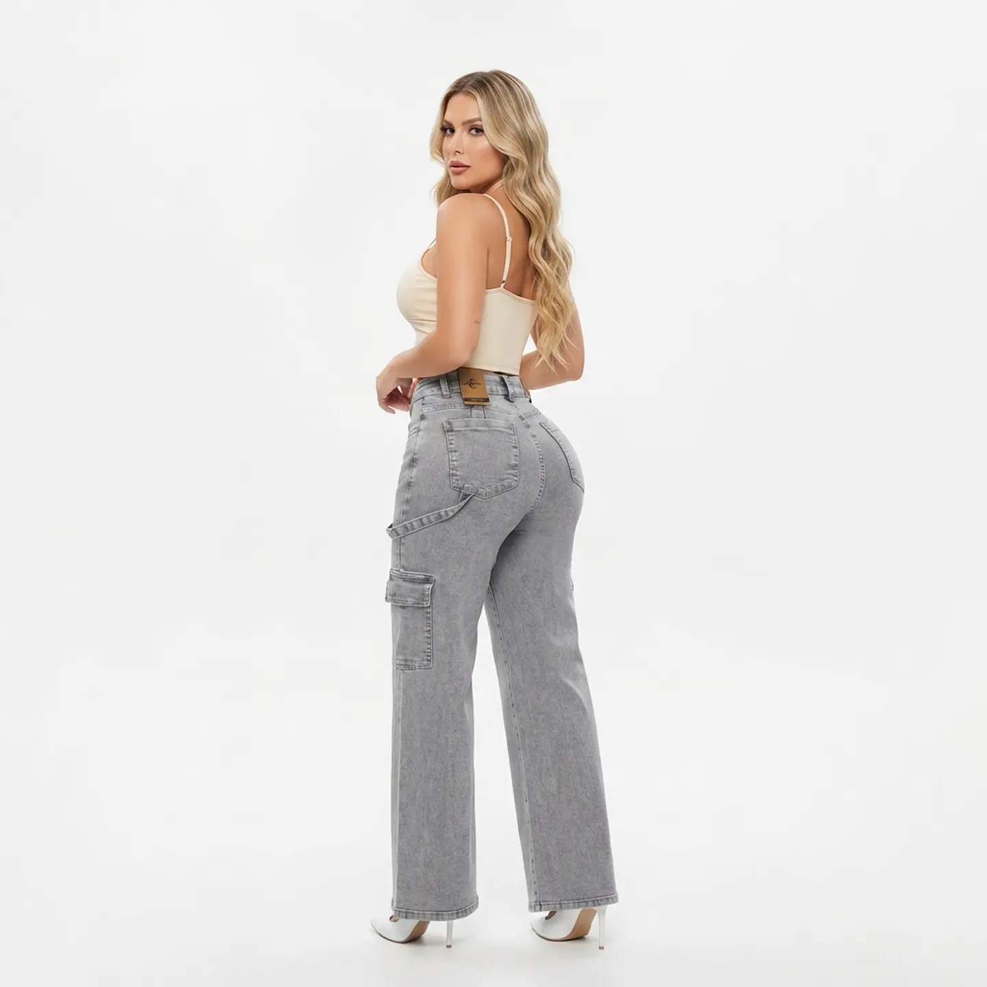 Wide Leg Palazo Cargo Gris Clásico Tiro Alto Elasticado con Push-Up 2