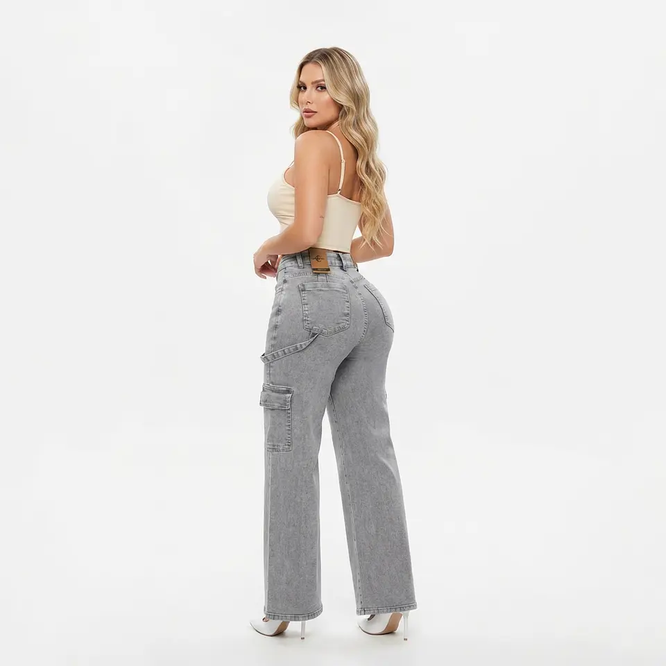 Wide Leg Palazo Cargo Gris Clásico Tiro Alto Elasticado con Push-Up 2