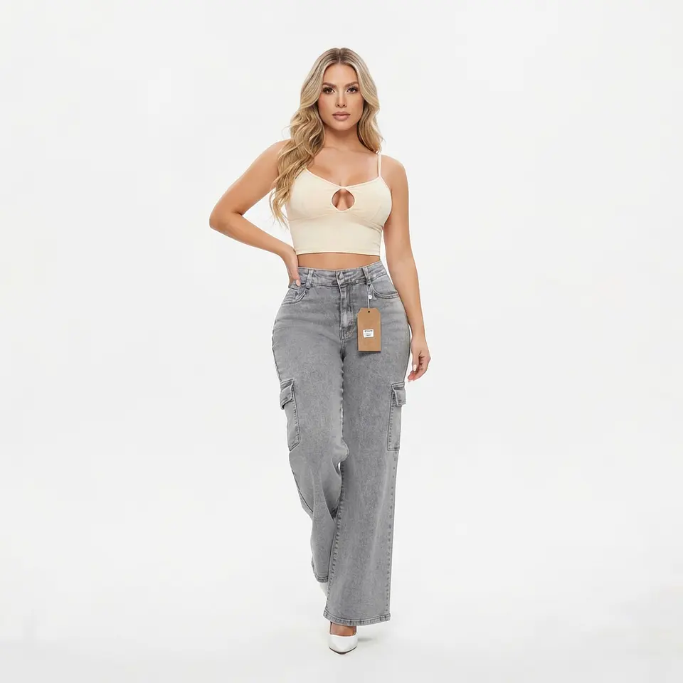 Wide Leg Palazo Cargo Gris Clásico Tiro Alto Elasticado con Push-Up 1
