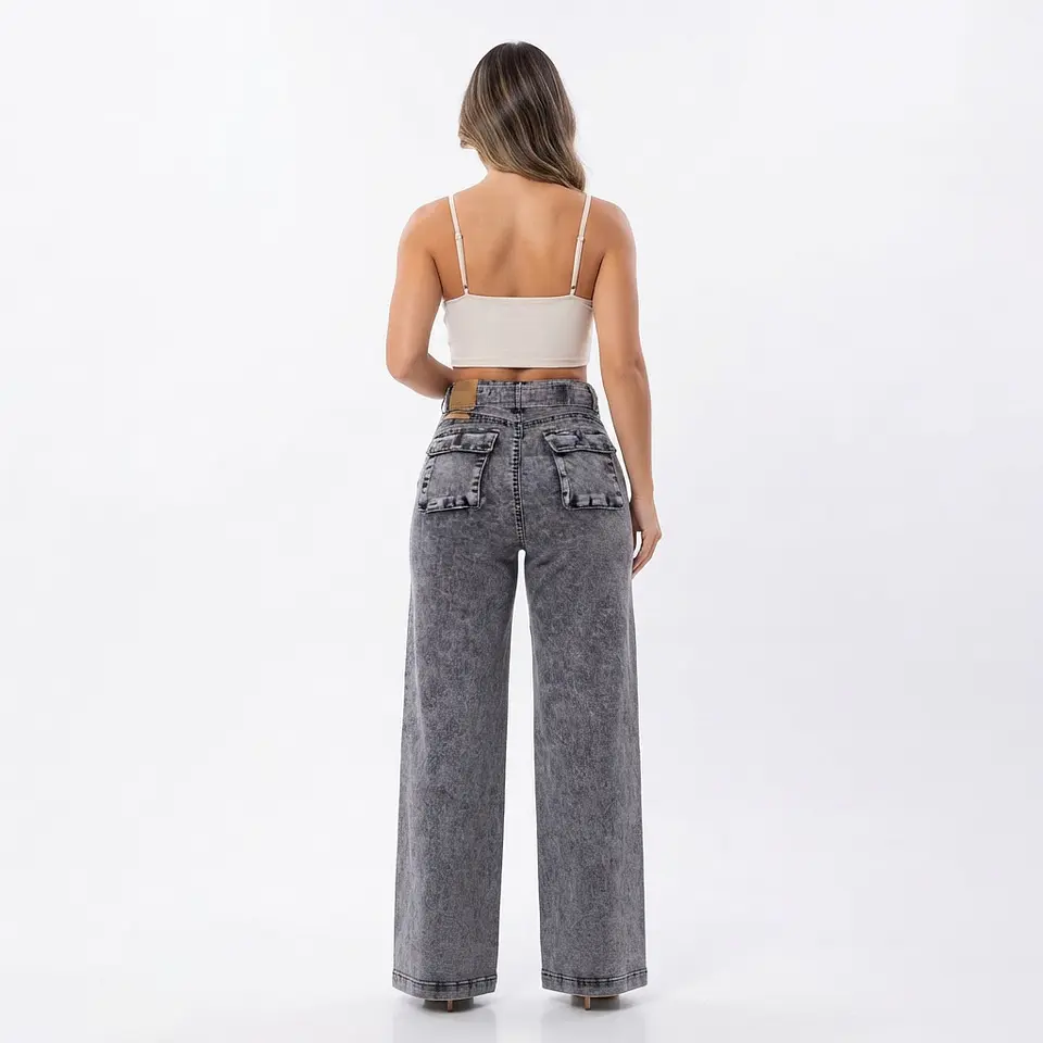 Wide Leg Gris Nevado Con Cinturon Elasticado Tiro Alto con Push-Up 2