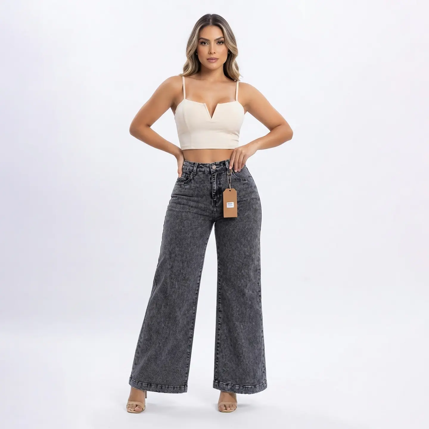 Wide Leg Palazo Grafito Nevado Tiro Alto Elasticado con Push-Up 1
