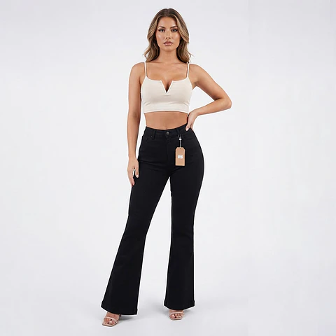 Flare Acampanado Negro Tiro Alto Elasticado con Push-Up