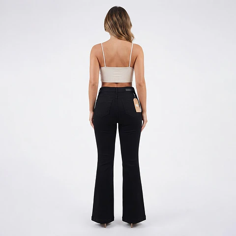 Flare Acampanado Negro Tiro Alto Elasticado con Push-Up