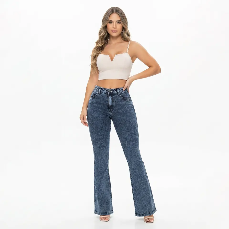 Flare Acampanado Azul Marino Acid Wash Elasticado con Push-Up 1