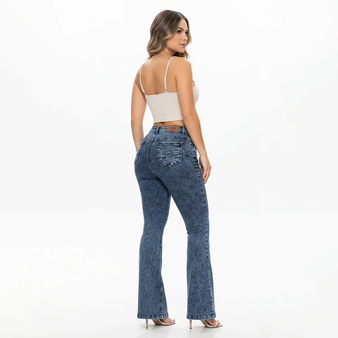Flare Acampanado Azul Marino Acid Wash Elasticado con Push-Up
