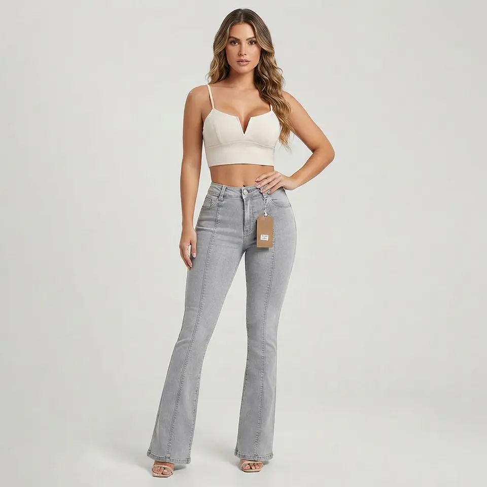 Flare Tiro Alto Gris Acid Wash Elasticado Costura Frontal con Push-Up 1