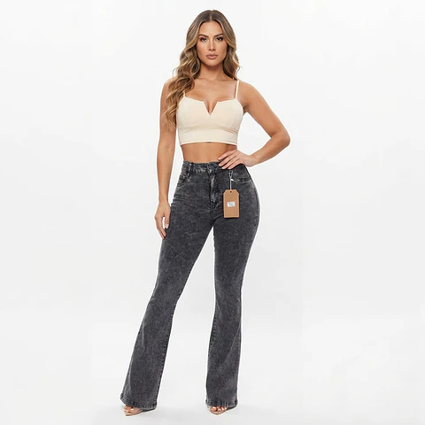 Flare Acampanado Grafito Acid Wash Elasticado con Push-Up