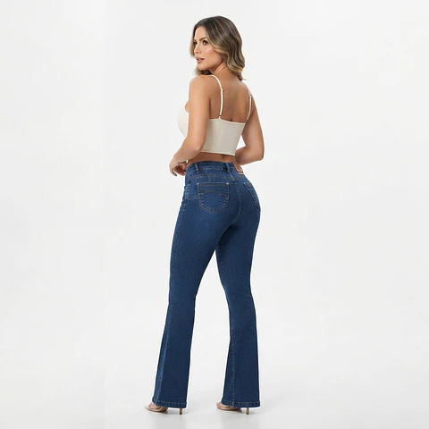 Flare Tiro Alto Azul Lavado Jaspeado con Push-Up