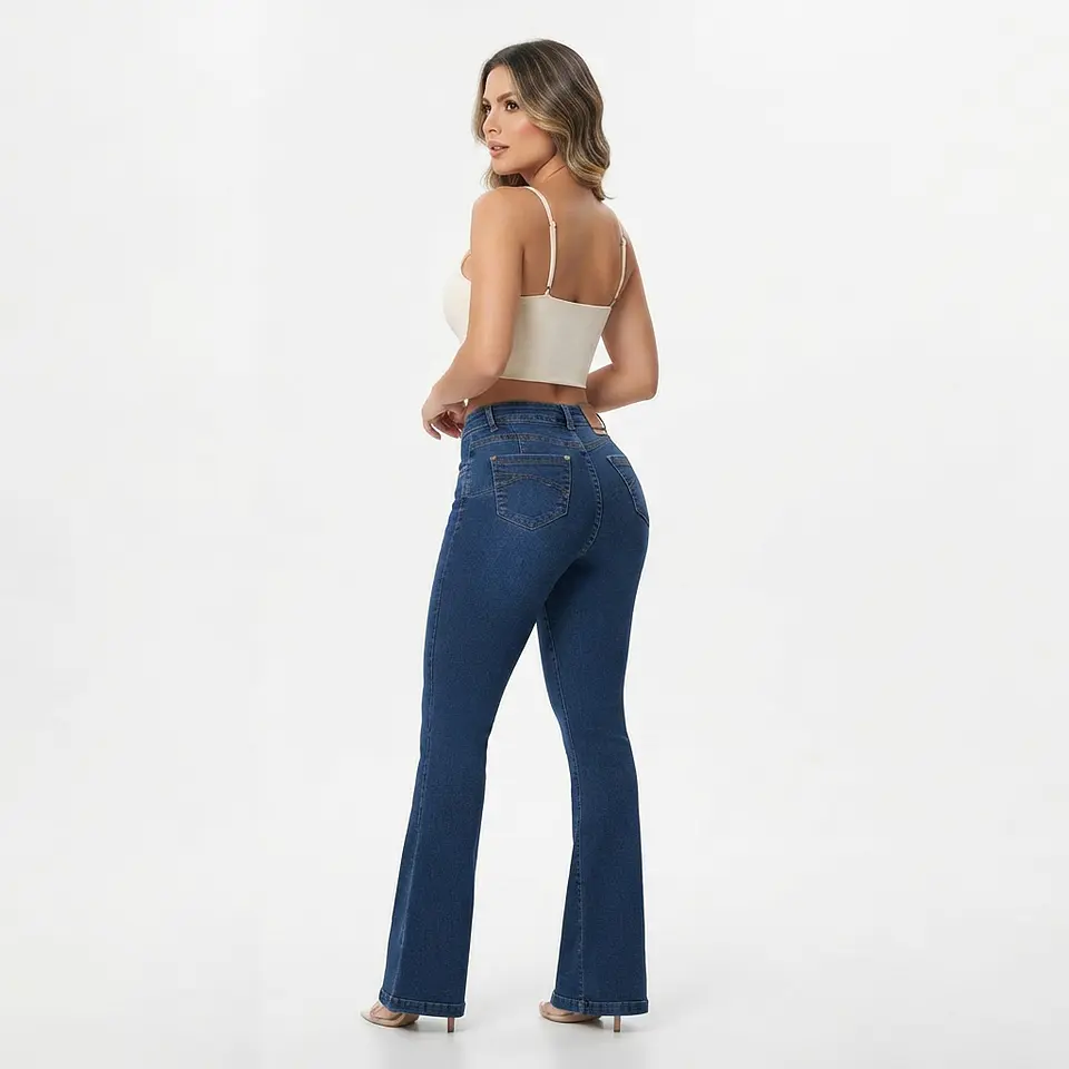 Flare Tiro Alto Azul Lavado Jaspeado con Push-Up 2