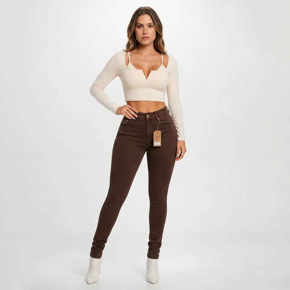 Jeans Skinny Elasticado Tiro Alto Chocolate Pretina Corazon con Push-Up 1