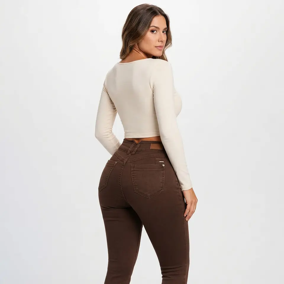Jeans Skinny Elasticado Tiro Alto Chocolate Pretina Corazon con Push-Up 2