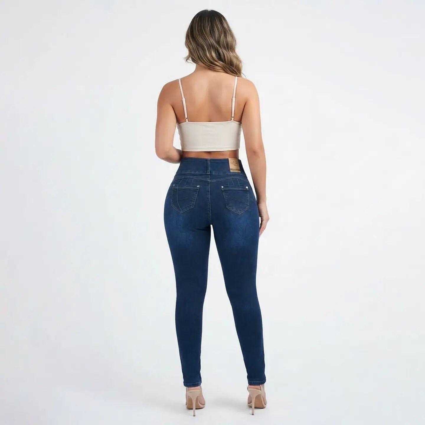 Jeans Skinny Tiro Alto 3 Botones Elasticado Azul Marino con Push-Up 2