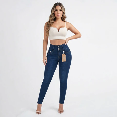 Jeans Skinny Tiro Alto 3 Botones Elasticado Azul Marino con Push-Up