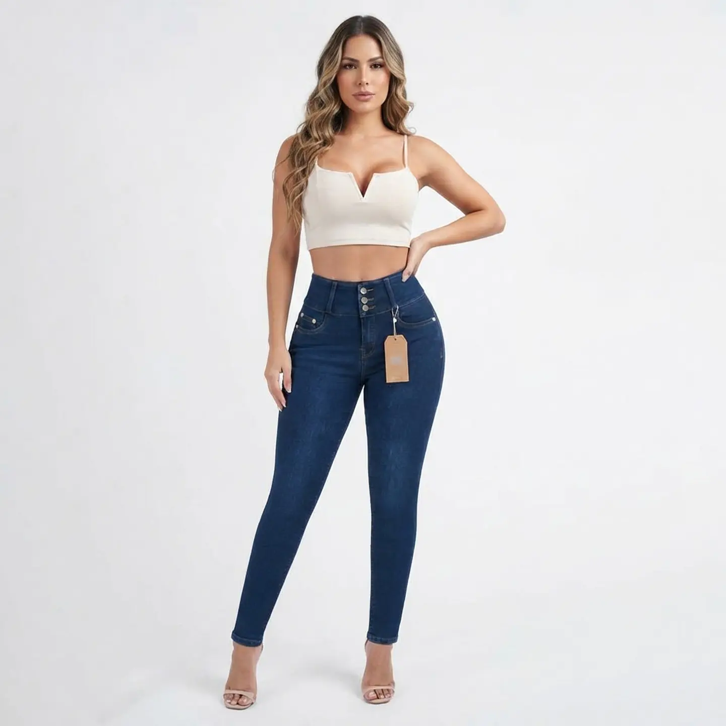 Jeans Skinny Tiro Alto 3 Botones Elasticado Azul Marino con Push-Up 1