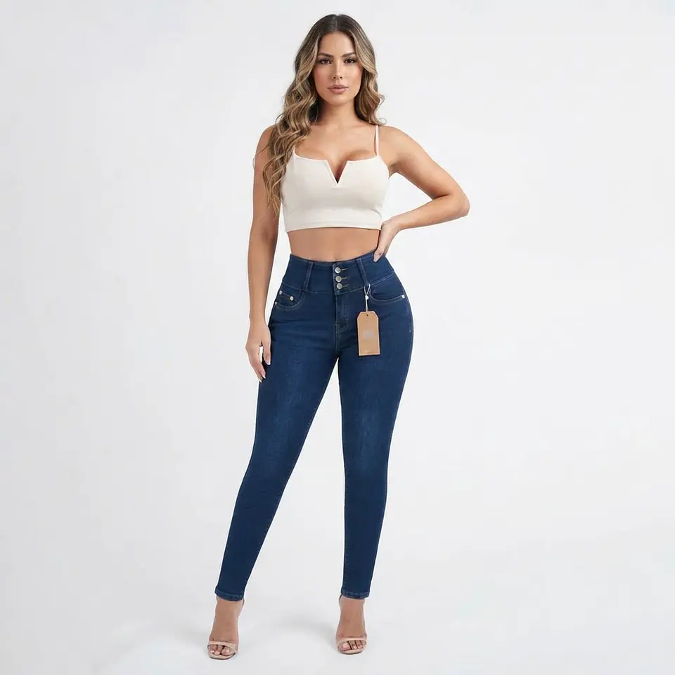 Jeans Skinny Tiro Alto 3 Botones Elasticado Azul Marino con Push-Up 1