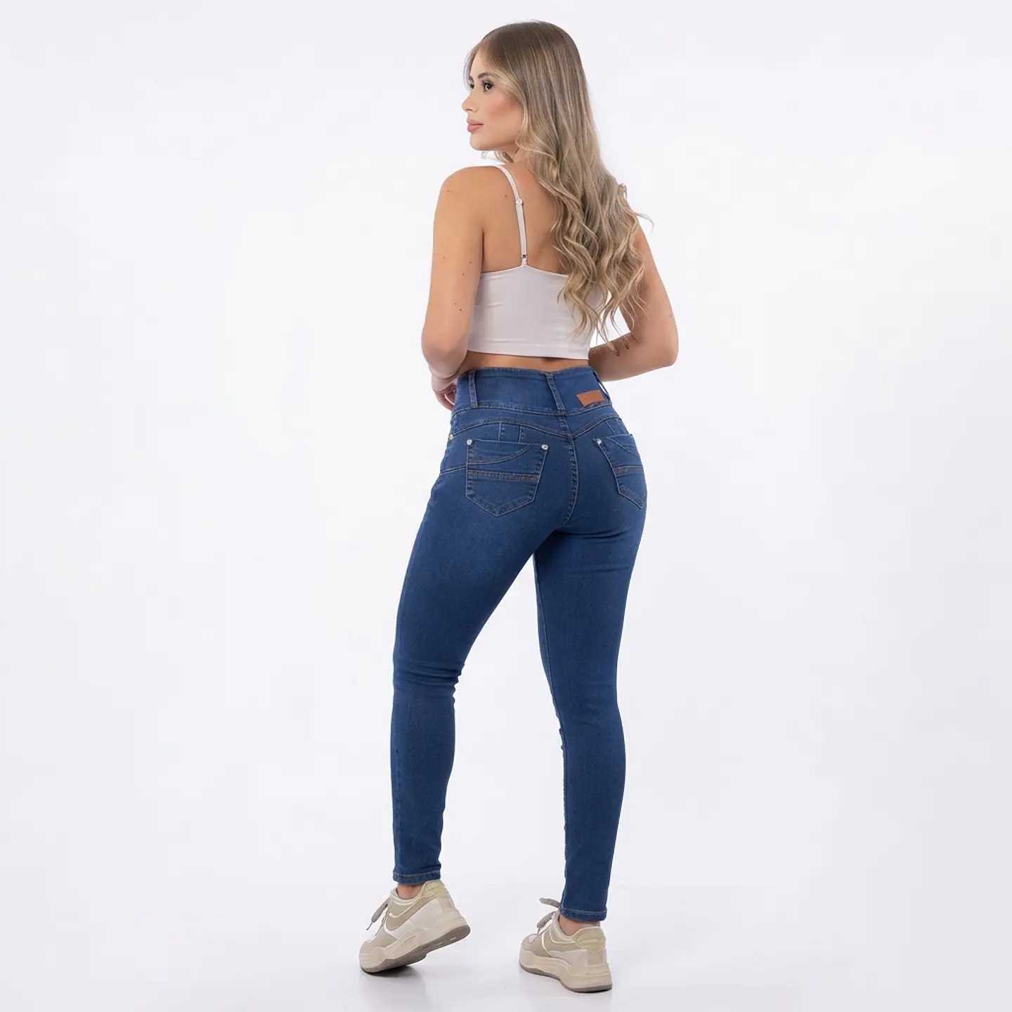 Skinny Azul Clasico Tiro Alto 3 Botones Elasticado con Push-Up 2