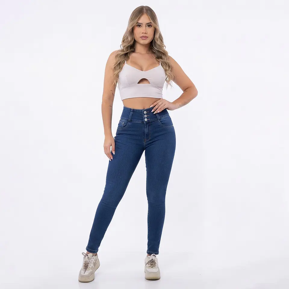 Skinny Azul Clasico Tiro Alto 3 Botones Elasticado con Push-Up 1