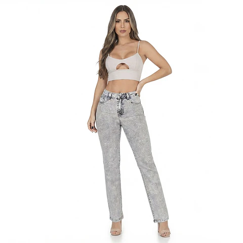 Recto Gris Claro Jaspeado Tiro Alto Elasticado con Push-Up