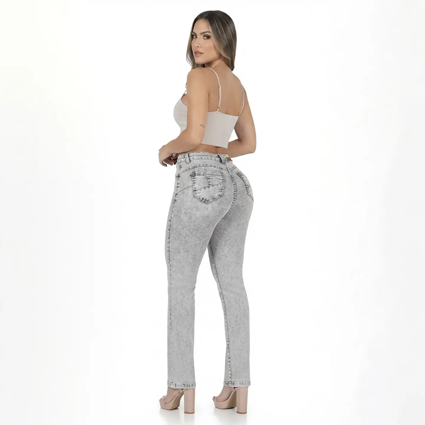 Recto Gris Claro Jaspeado Tiro Alto Elasticado con Push-Up 2